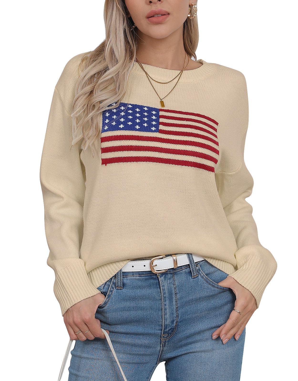 American Flag Loose Long Sleeve Crewneck Sweater