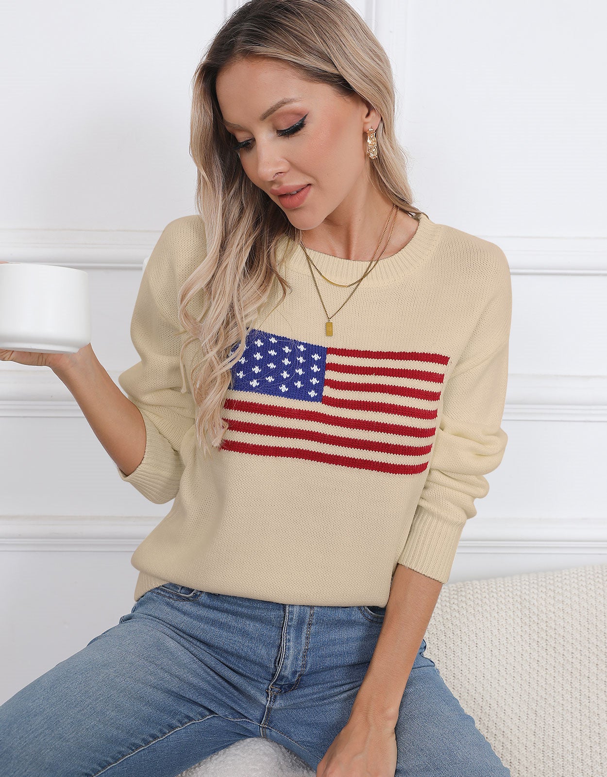 American Flag Loose Long Sleeve Crewneck Sweater