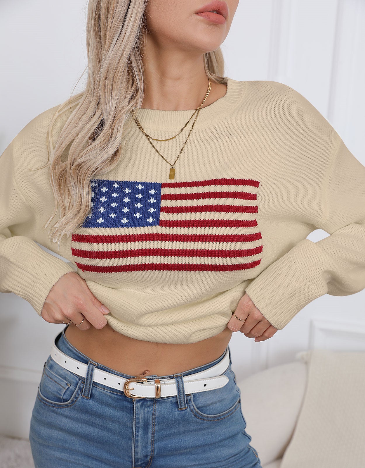 American Flag Loose Long Sleeve Crewneck Sweater