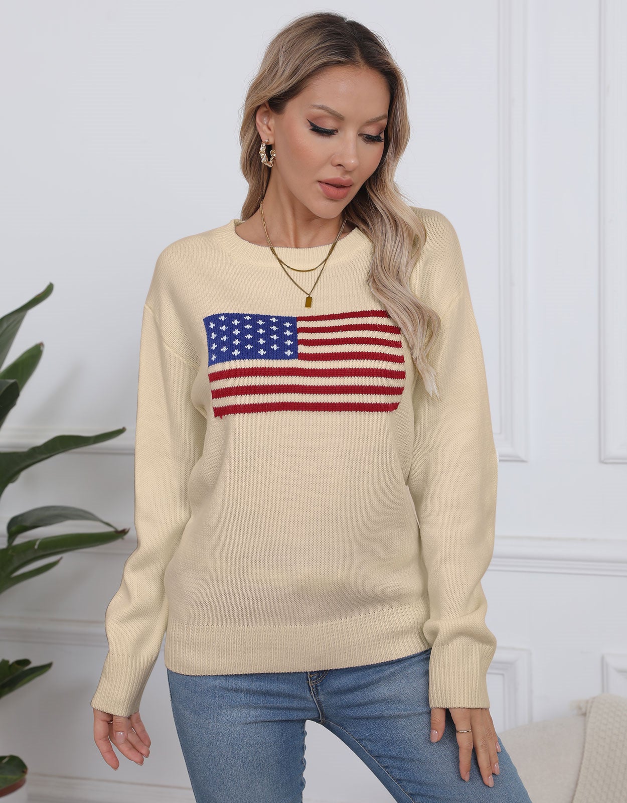 American Flag Loose Long Sleeve Crewneck Sweater