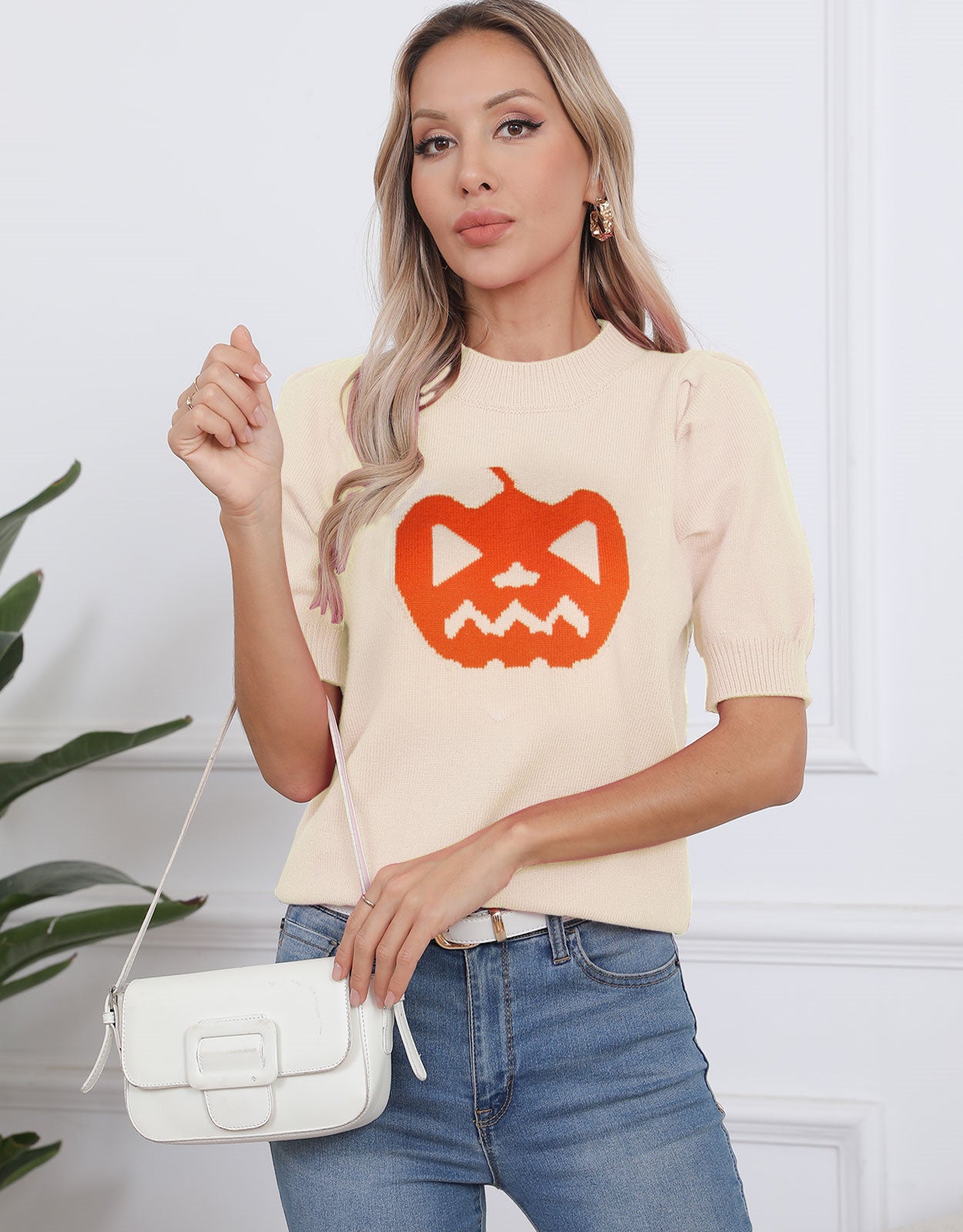 Halloween Pumpkin Ghost Short Sleeve Sweater