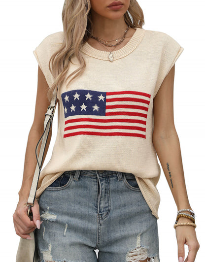 American Flag Loose Short Sleeve Round Neck Sweater