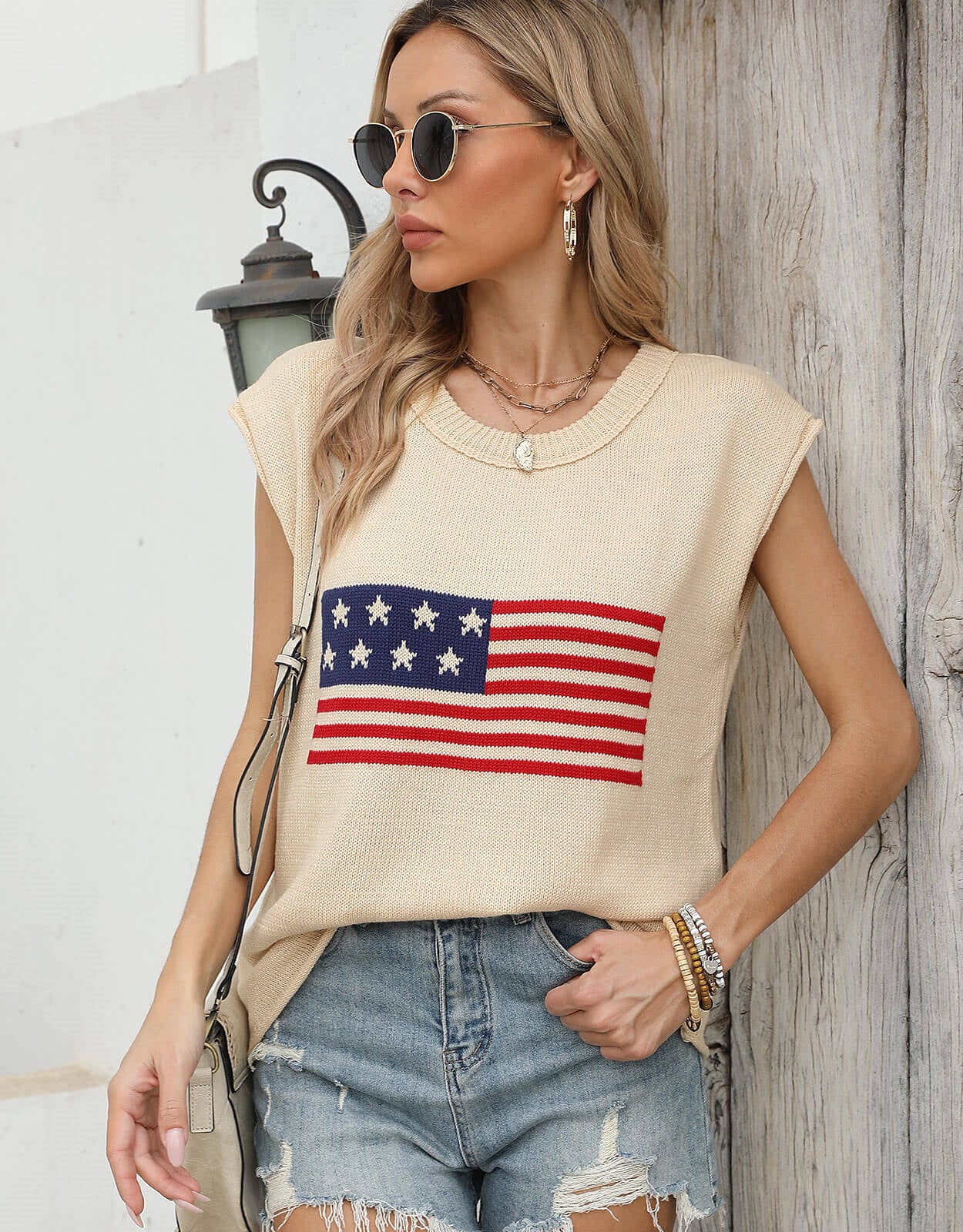 American Flag Loose Short Sleeve Round Neck Sweater