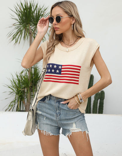 American Flag Loose Short Sleeve Round Neck Sweater