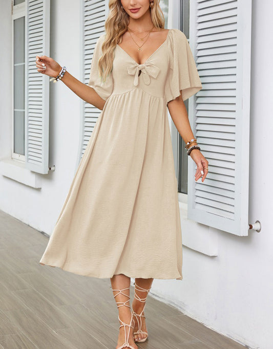 V Neck Ruffle Sleeve Elegant Bow Tie Long Dress