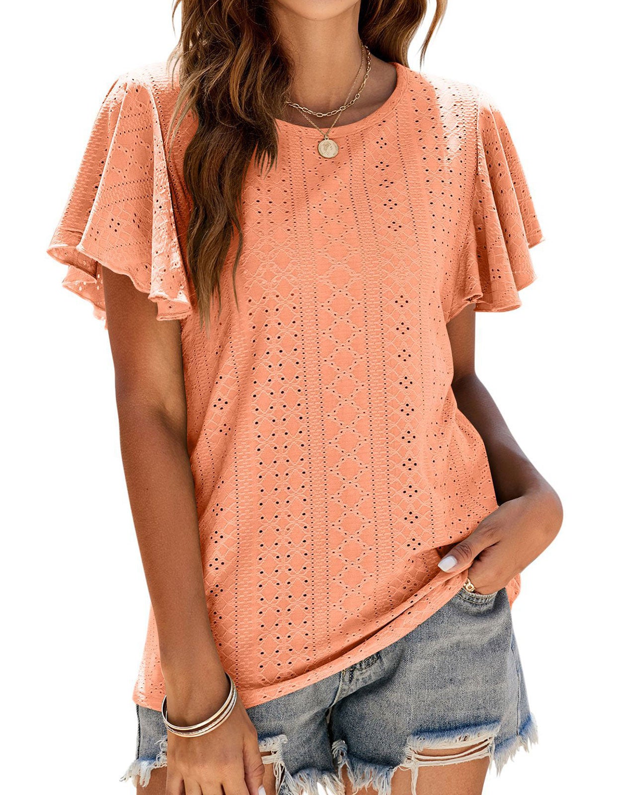 Summer hollow print ruffle round neck top