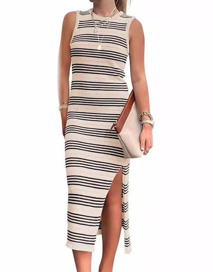 Striped sleeveless round neck long dress