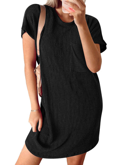 Vertical Stripe Pocket Short Sleeve Mini Dress