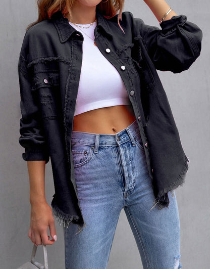 Women's Ripped Distressed Washed Denim Jacket