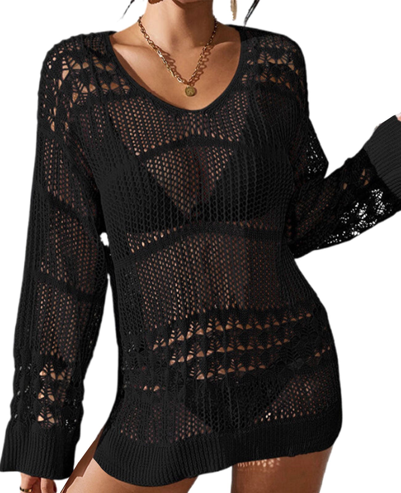 Women's Loose Hollow Long Sleeve Mini Cover-up