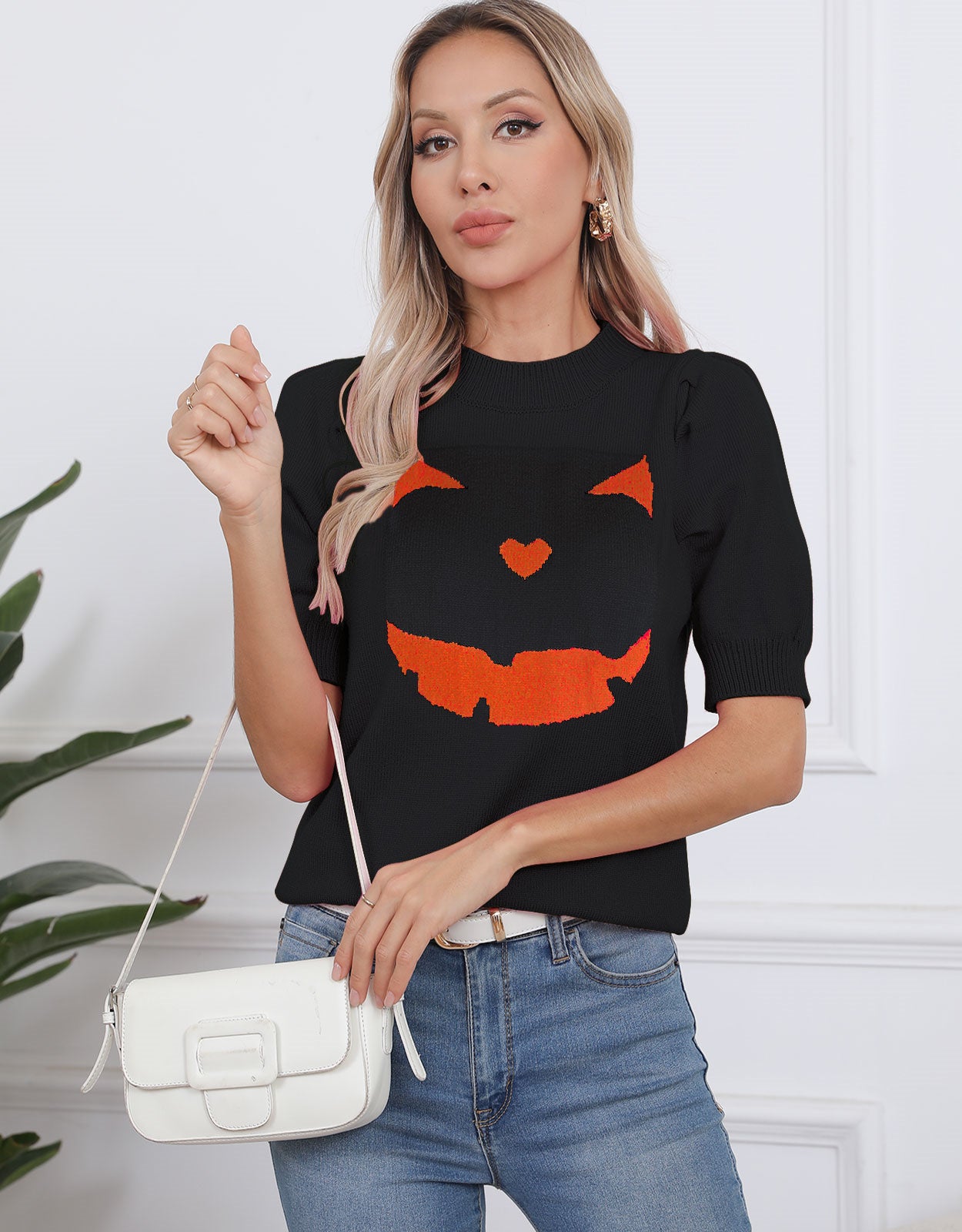 Halloween Pumpkin Ghost Short Sleeve Sweater