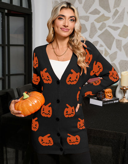 Halloween Pumpkin Button Cardigan Sweater