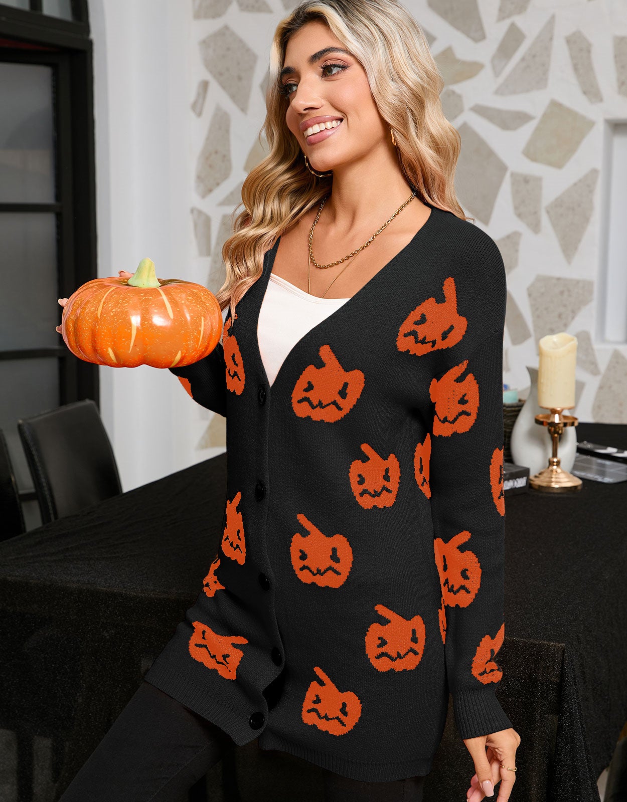 Halloween Pumpkin Button Cardigan Sweater