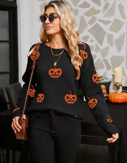 Halloween Pumpkin Print Long Sleeve Sweater