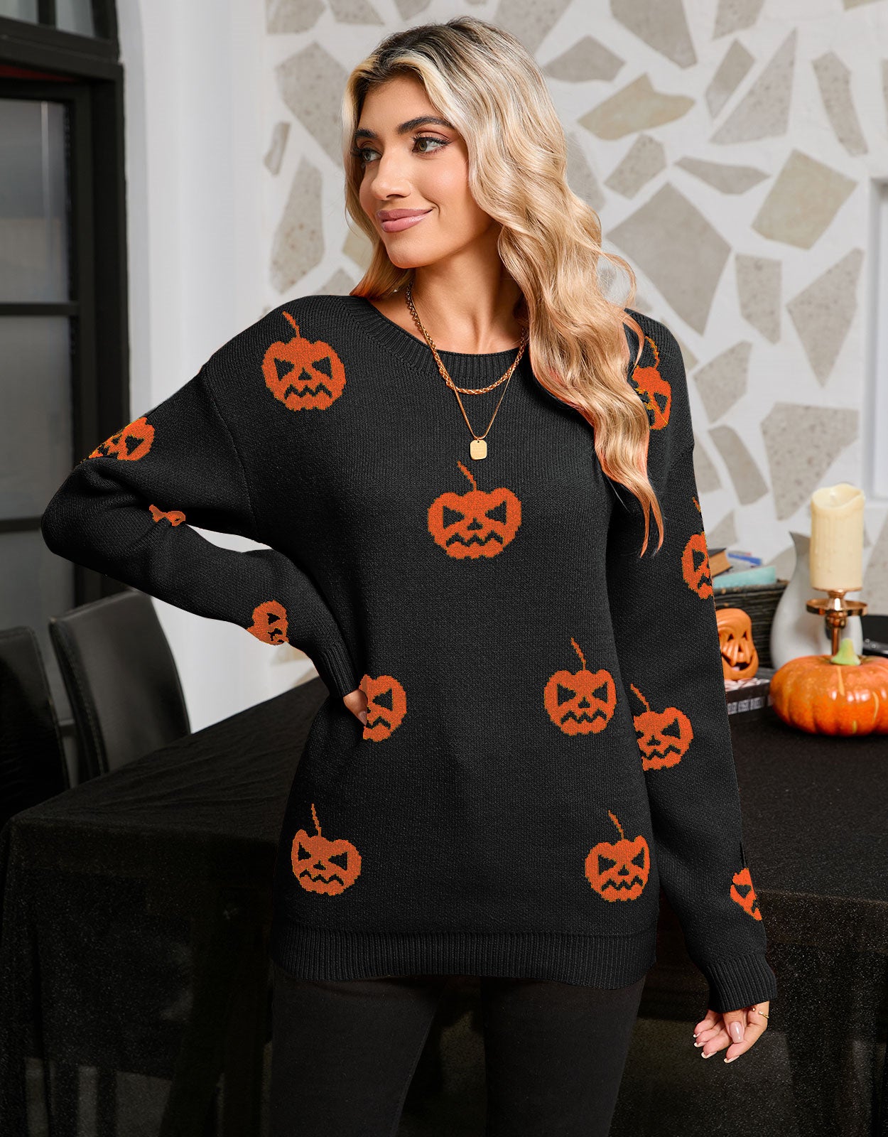 Halloween Pumpkin Print Long Sleeve Sweater