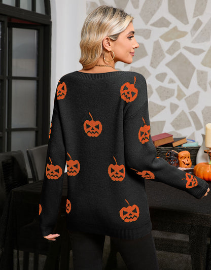 Halloween Pumpkin Print Long Sleeve Sweater