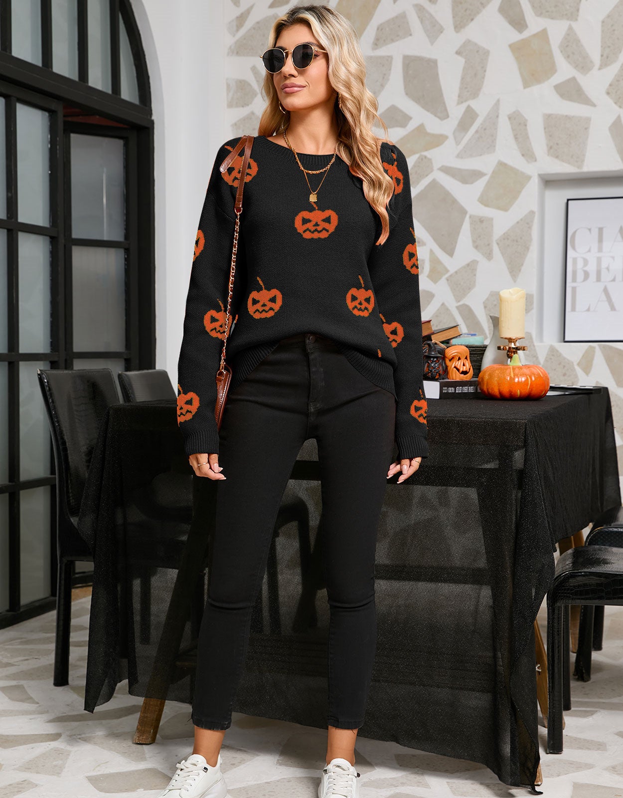 Halloween Pumpkin Print Long Sleeve Sweater