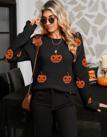 Halloween Pumpkin Print Long Sleeve Sweater