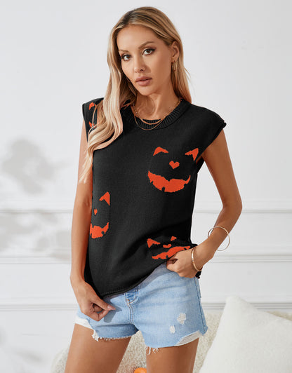 Halloween Pumpkin Smiley Sleeveless Round Neck Sweater