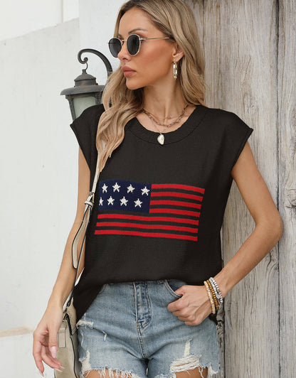 American Flag Loose Short Sleeve Round Neck Sweater