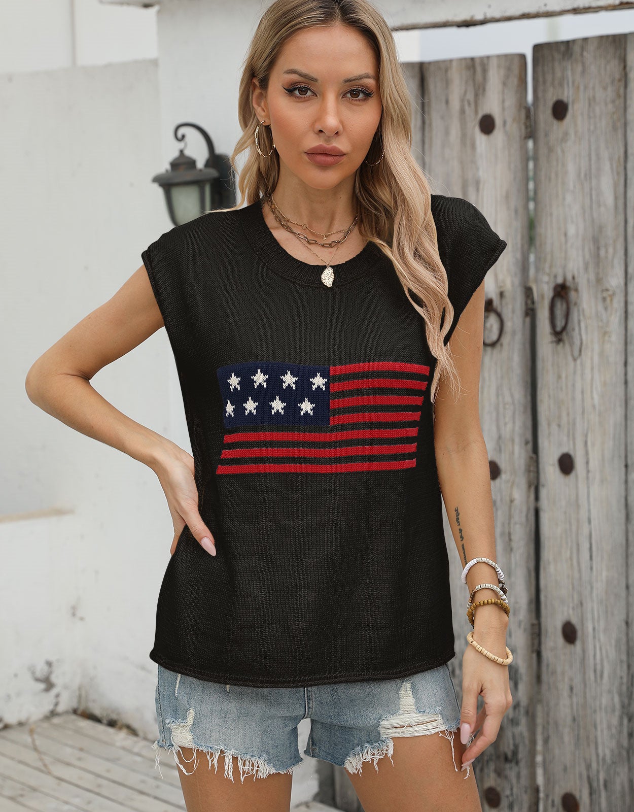 American Flag Loose Short Sleeve Round Neck Sweater