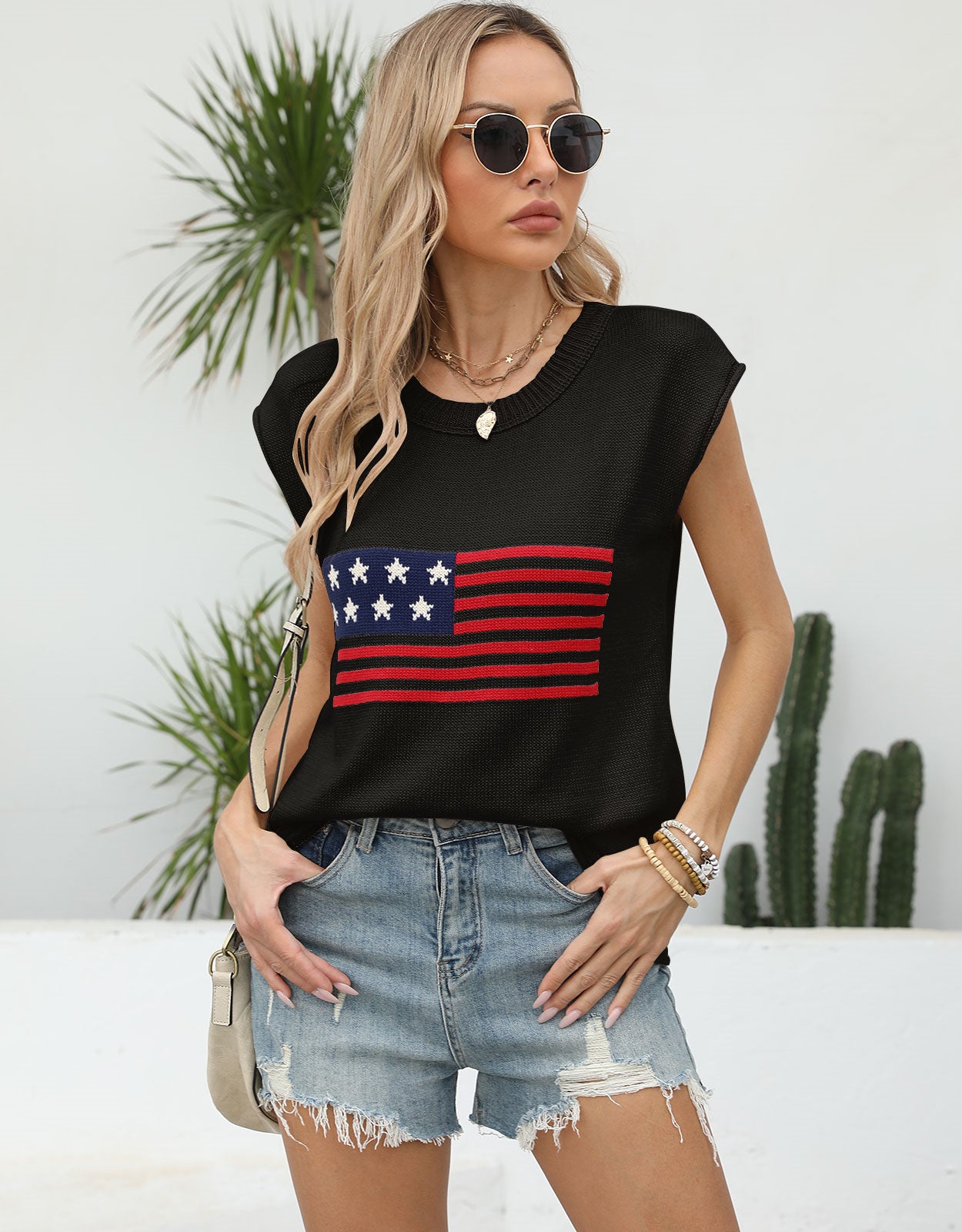 American Flag Loose Short Sleeve Round Neck Sweater