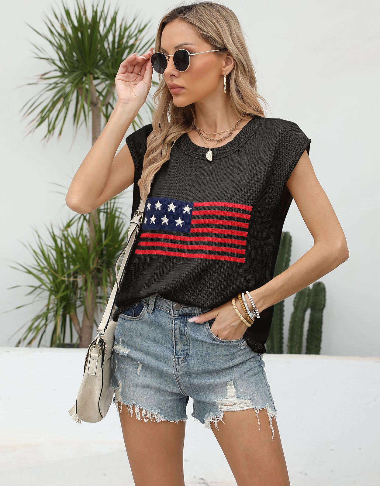 American Flag Loose Short Sleeve Round Neck Sweater