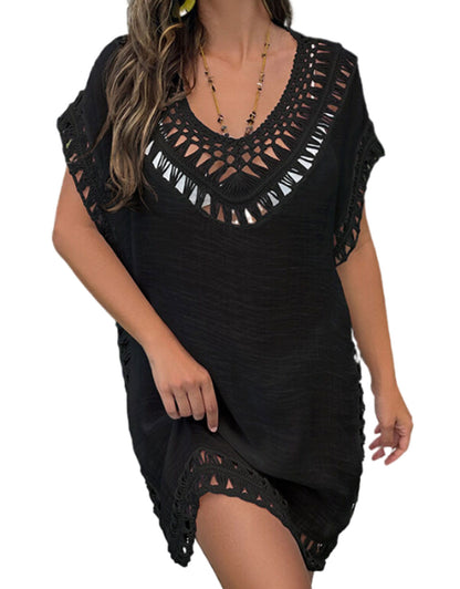 Women's hand-crocheted flower neckline sun protection short beach cover-up