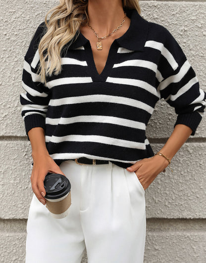 Women's V-neck long-sleeved striped knitted pullover sweater