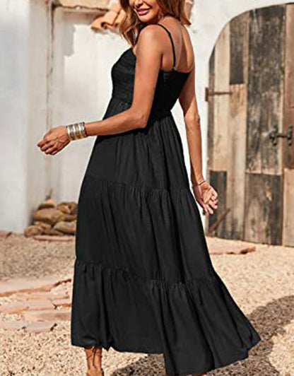 Summer Spaghetti Strap Off Shoulder Layered Hem Maxi Dress