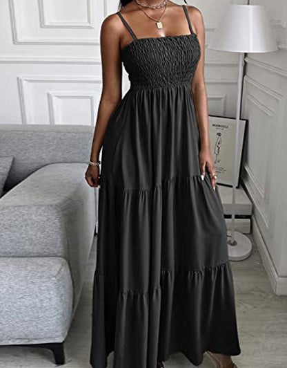 Summer Spaghetti Strap Off Shoulder Layered Hem Maxi Dress