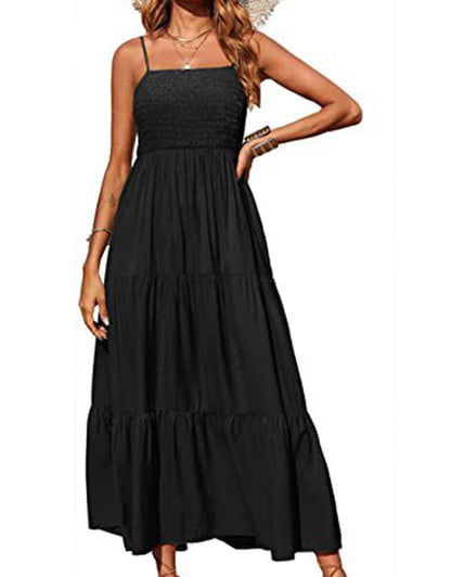 Summer Spaghetti Strap Off Shoulder Layered Hem Maxi Dress