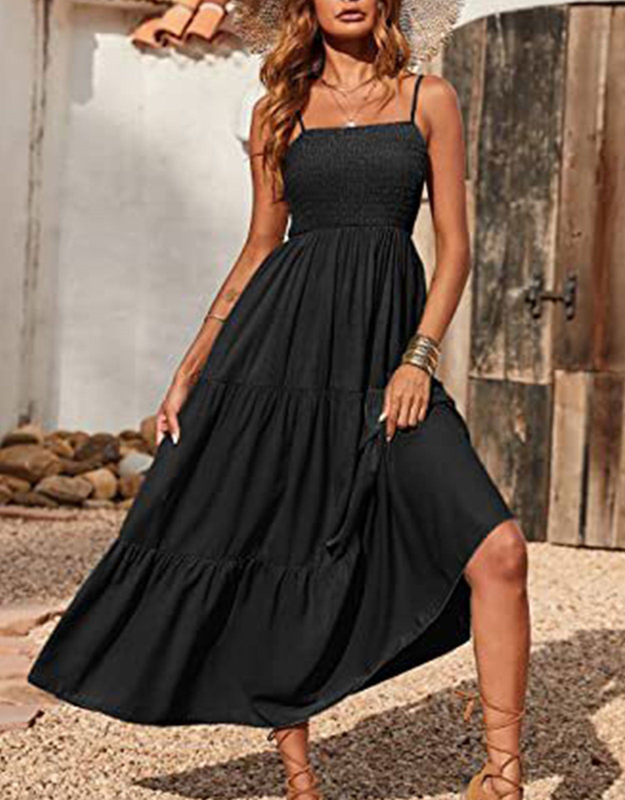 Summer Spaghetti Strap Off Shoulder Layered Hem Maxi Dress