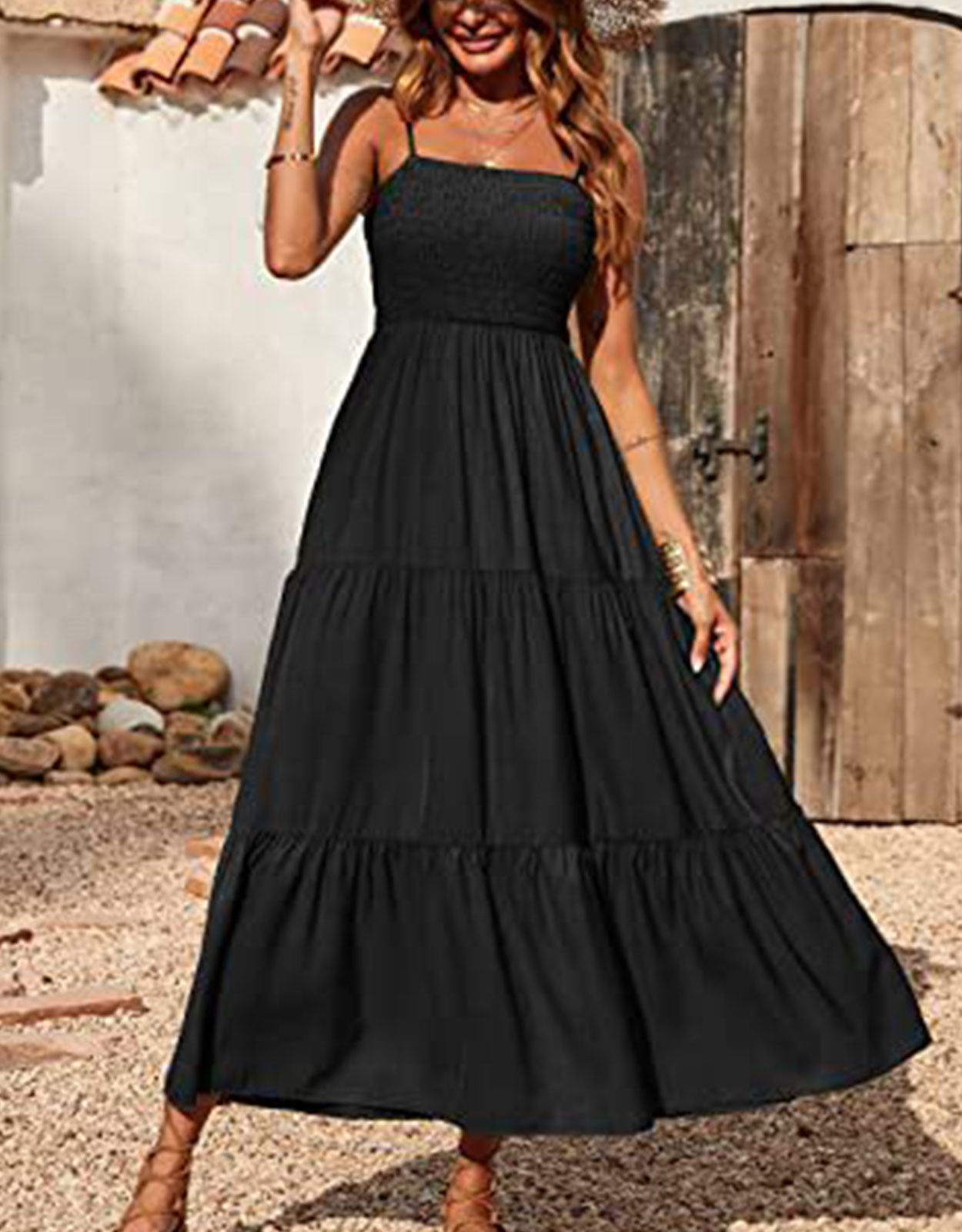 Summer Spaghetti Strap Off Shoulder Layered Hem Maxi Dress