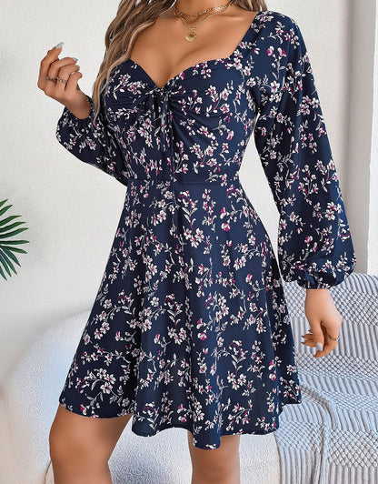 Long Sleeve Low Cut Sexy Bow Print Mini Dress