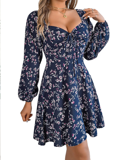 Long Sleeve Low Cut Sexy Bow Print Mini Dress