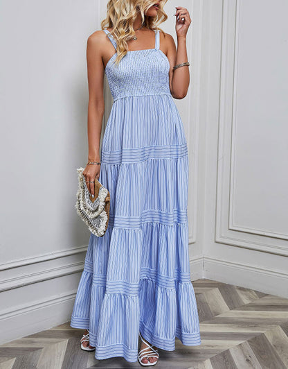 Suspender Sleeveless Vertical Striped Satin Midi Dress