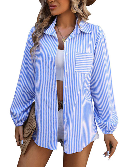 Cotton Striped Long Sleeve Neckline Dress Shirt