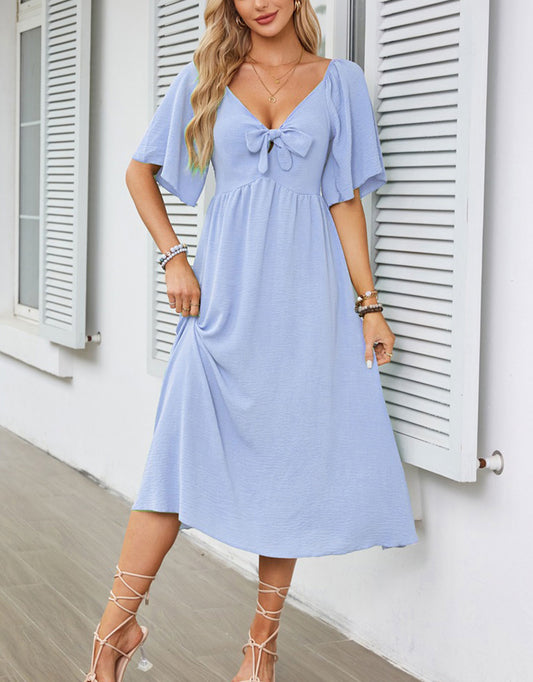 V Neck Ruffle Sleeve Elegant Bow Tie Long Dress