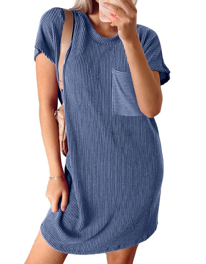 Vertical Stripe Pocket Short Sleeve Mini Dress