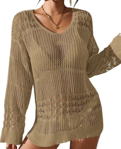 Women's Loose Hollow Long Sleeve Mini Cover-up