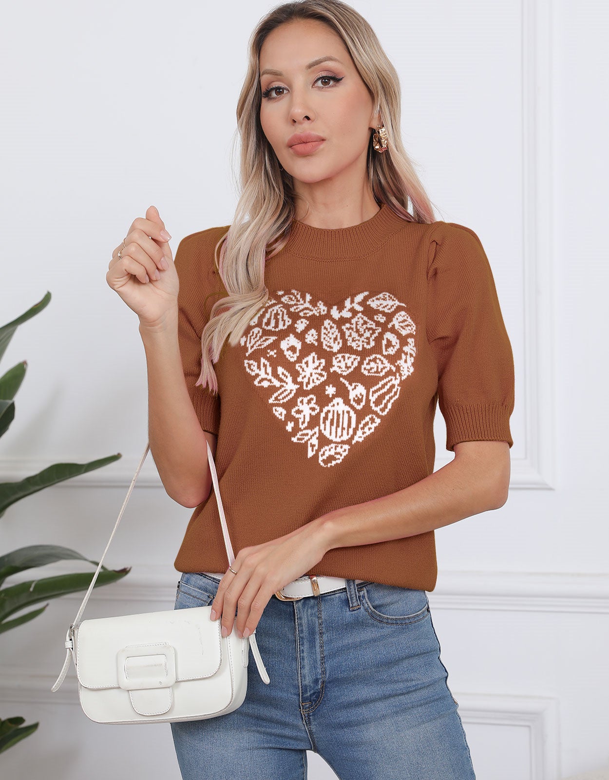 Green Leaf Love Heart Christmas Sleeve Short Sweater