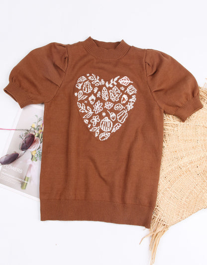 Green Leaf Love Heart Christmas Sleeve Short Sweater