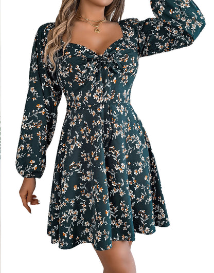 Long Sleeve Low Cut Sexy Bow Print Mini Dress