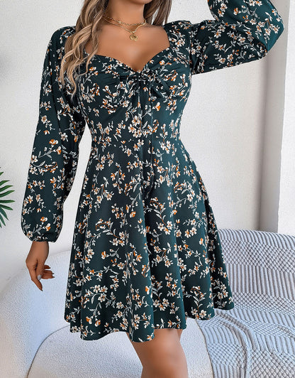 Long Sleeve Low Cut Sexy Bow Print Mini Dress