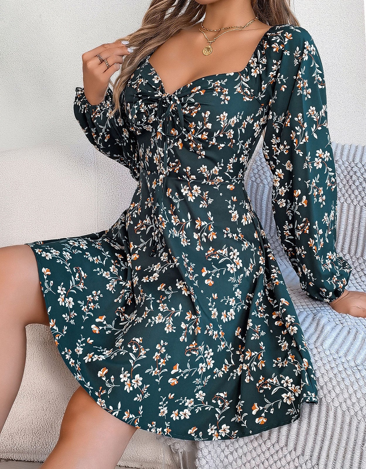 Long Sleeve Low Cut Sexy Bow Print Mini Dress