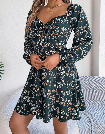 Long Sleeve Low Cut Sexy Bow Print Mini Dress