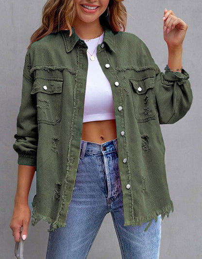 Women's Ripped Distressed Washed Denim Jacket