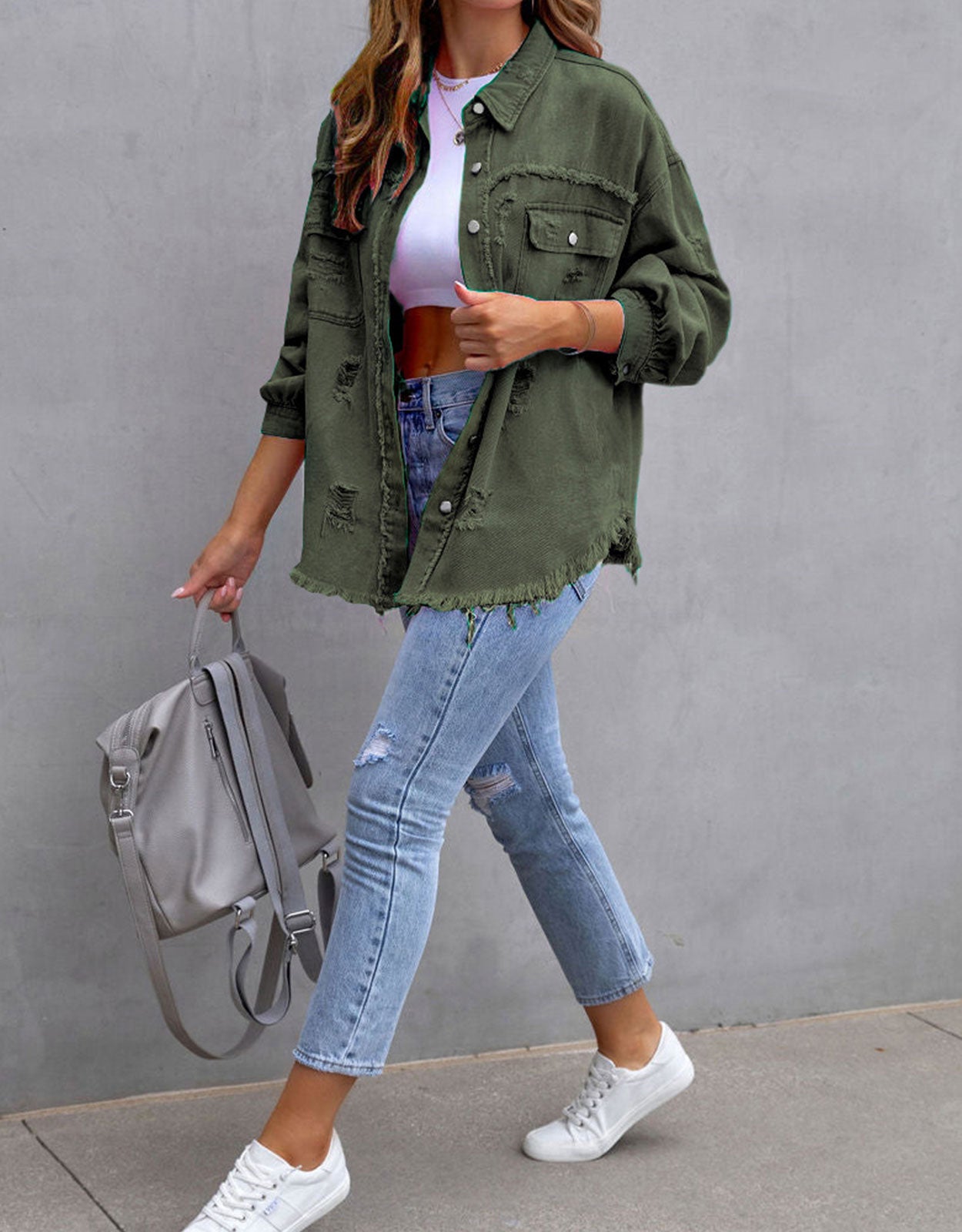 Women's Ripped Distressed Washed Denim Jacket