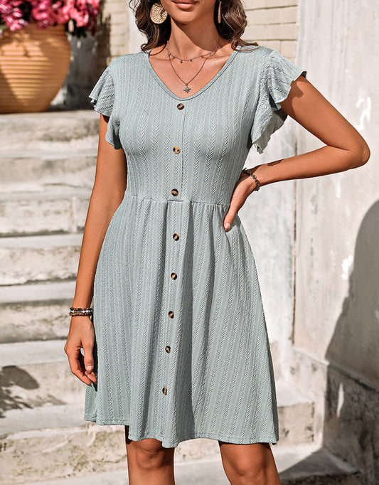 V-neck button knit rattan print short-sleeved dress